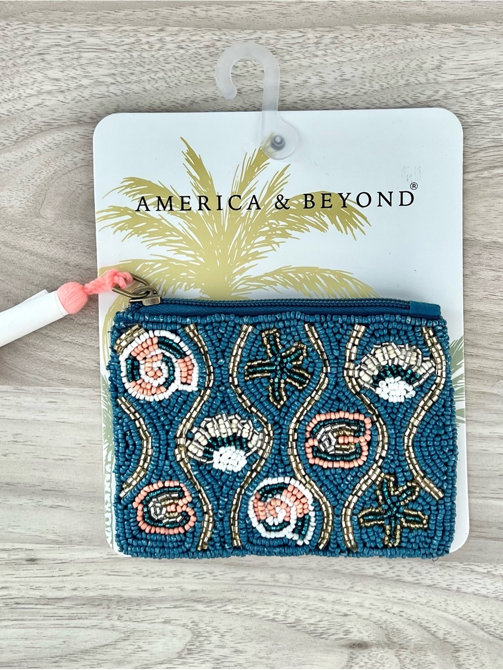 Blue Coastal Sea Shell Beaded Zip Pouch